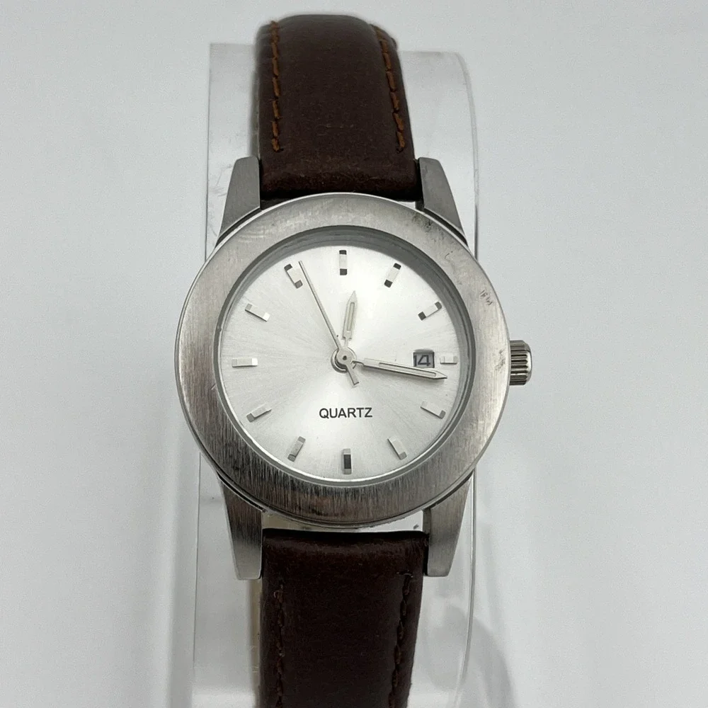 Women's Quartz Watch Silver 29mm Case Brown Leather Band- New Battery‎